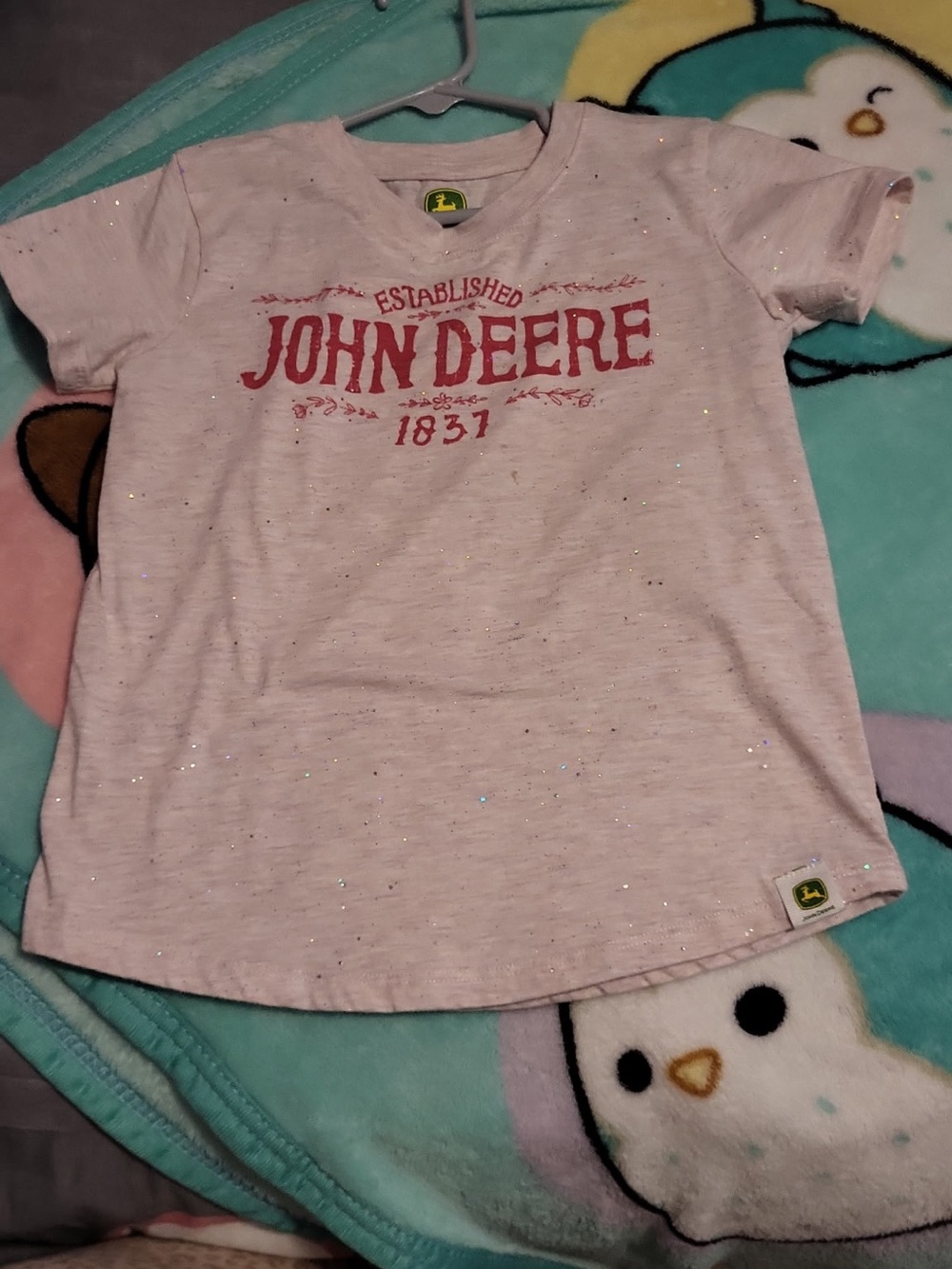 John Deere Light Pink Short Sleeve Tee with Red Logo & Glitter